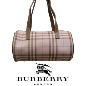 Burberry Pink Plaid Barrel Shoulder Bag with Brown Straps